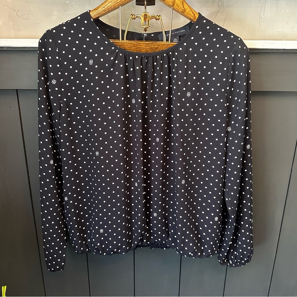 Tommy Hilfiger Blouse Logo Long Sleeve‎ Lined Navy Black White size M